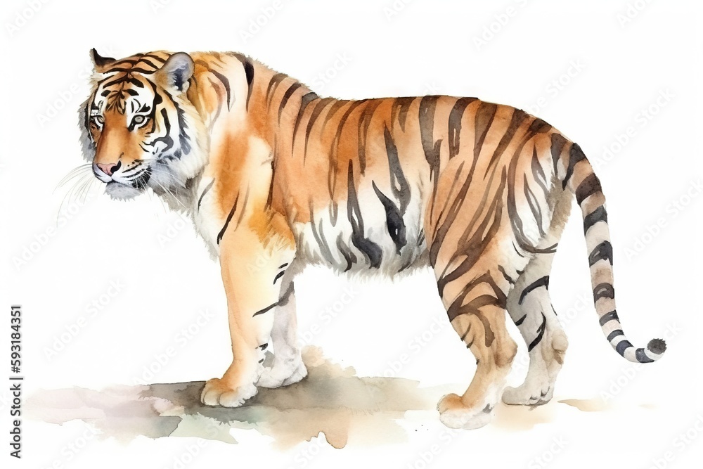  a watercolor painting of a tiger on a white background.  generative ai