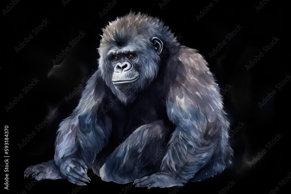  a painting of a gorilla sitting on a black background with a black background.  generative ai