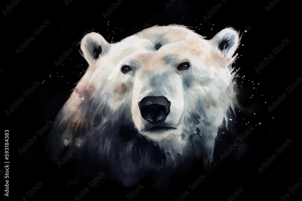  a painting of a polar bear on a black background with snow flakes.  generative ai