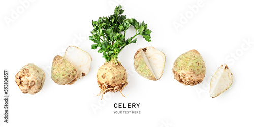 Celery root with leaves collection isolated on white background. photo