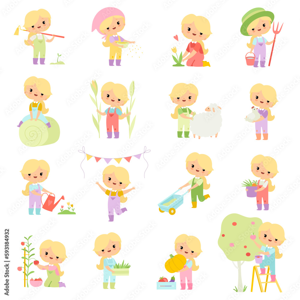 Little Blond Girl Farmer in Jumpsuit and Hat at Farm Working in the Garden Big Vector Set