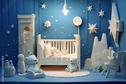 baby room, with bedtime scene, including lullaby playing and night light on, created with generative ai
