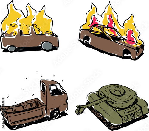 Two rusty cars are on fire. A truck without rear wheels stands in the dust. And the old abandoned tank can no longer shoot, as the muzzle of the tower is torn.