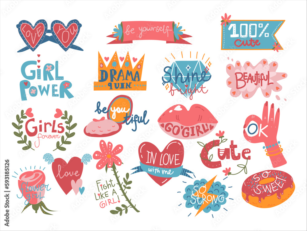 Girl Power Trendy Stickers with Inscription and Pink Cute Stuff Vector Set