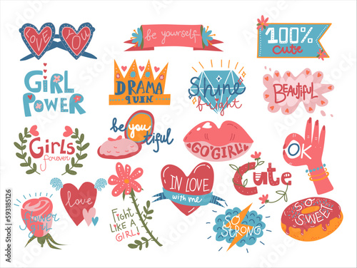 Girl Power Trendy Stickers with Inscription and Pink Cute Stuff Vector Set