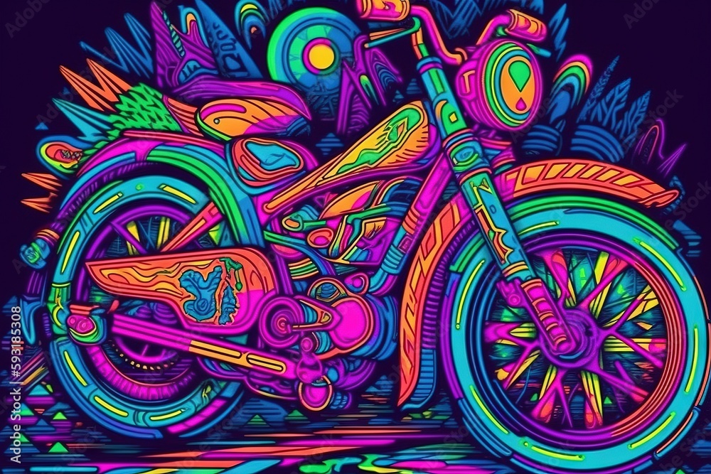  a colorful motorcycle is shown on a black background with a blue sky in the background.  generative ai