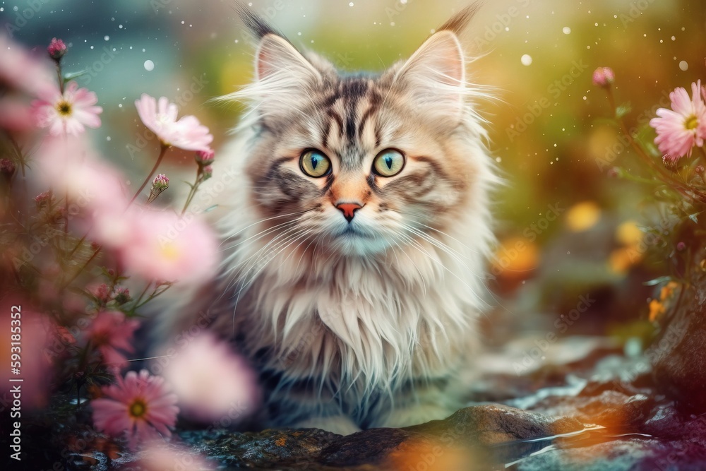  a cat sitting in a field of flowers with a blurry background.  generative ai