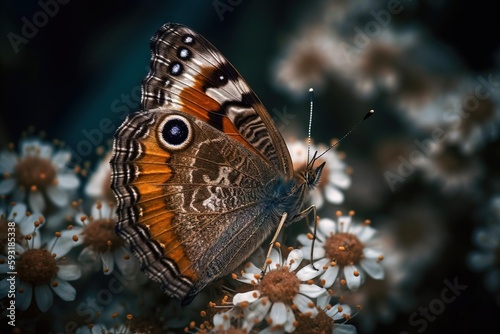  a close up of a butterfly on a flower with a blurry background. generative ai