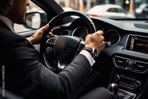  a man in a suit driving a car on a city street.  generative ai © Nadia