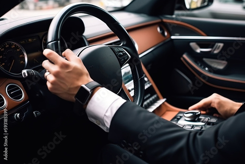  a man in a suit driving a car with his hands on the steering wheel.  generative ai © Nadia