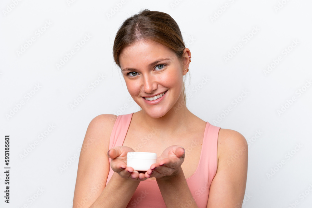 Young caucasian woman isolated on white background with moisturizer and offering it Young caucasian woman isolated on white background with moisturizer and offering it