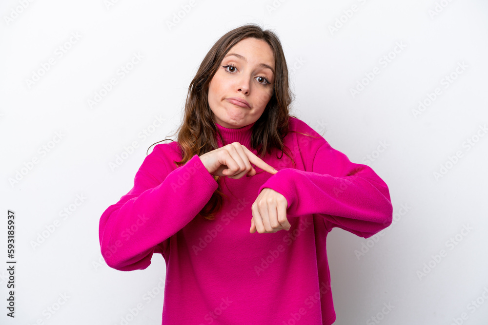 Young caucasian woman isolated on white background making the gesture of being late Young caucasian woman isolated on white background making the gesture of being late
