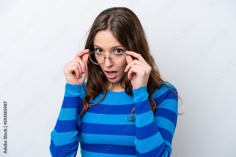 Young caucasian woman isolated on white background With glasses and surprised expression Young caucasian woman isolated on white background With glasses and surprised expression