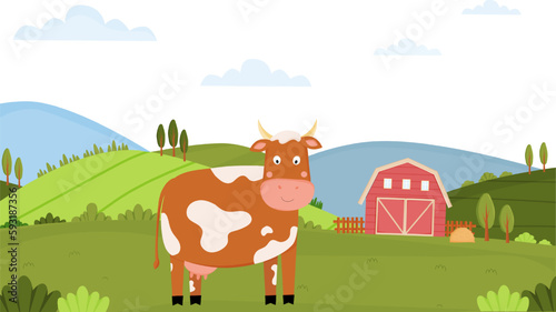 Summer landscape on a farm with cute cow. Milk farm. Cow on rural landscape. Domestic animal on the background of countryside.