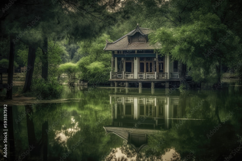 A floating house surrounded by trees and a lush beach. Generative AI A floating house surrounded by trees and a lush beach. Generative AI