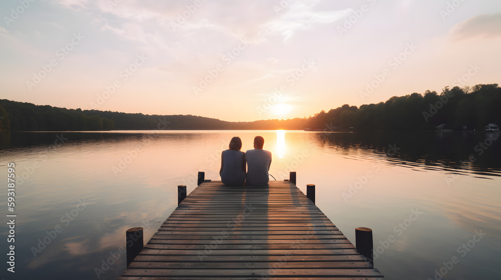 A couple watching the sun set on a dock nearby a calm lake