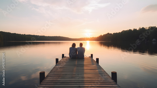 A couple watching the sun set on a dock nearby a calm lake