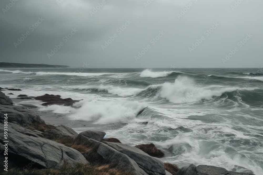  a large body of water with waves coming in to shore.  generative ai