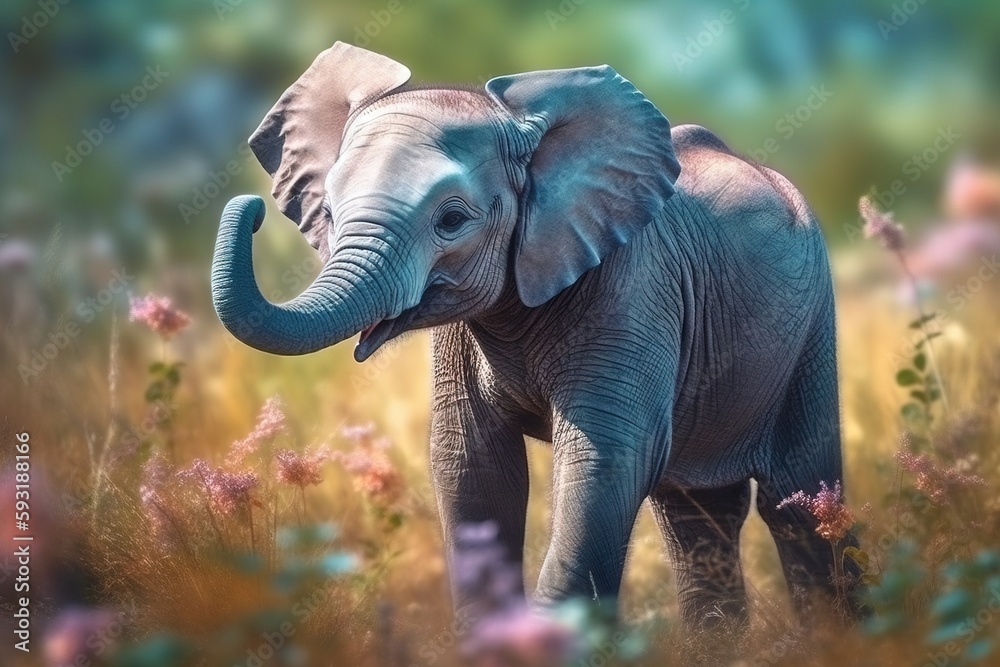  a baby elephant standing in a field of grass and flowers.  generative ai