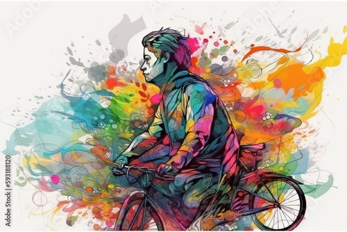  a man riding a bike with colorful paint splatters. generative ai