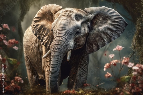  a large elephant standing in a forest with flowers on the ground. generative ai