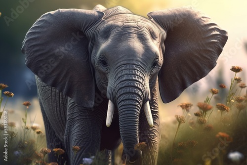  an elephant is standing in a field of wildflowers. generative ai