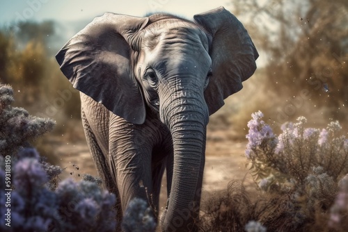  an elephant is walking through a field of flowers and bushes. generative ai
