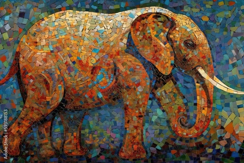  an elephant is depicted in a mosaic pattern of multicolored tiles.  generative ai