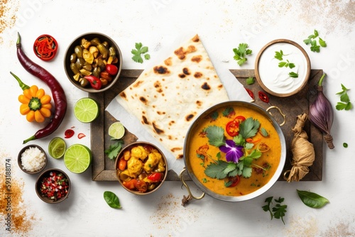 Indian cuisine dishes tikka masala, dal, paneer, samosa, chapati, chutney, spices. Indian food on white wooden background. Assortment indian pakistanimeal banner with copy space. Top view or flat lay