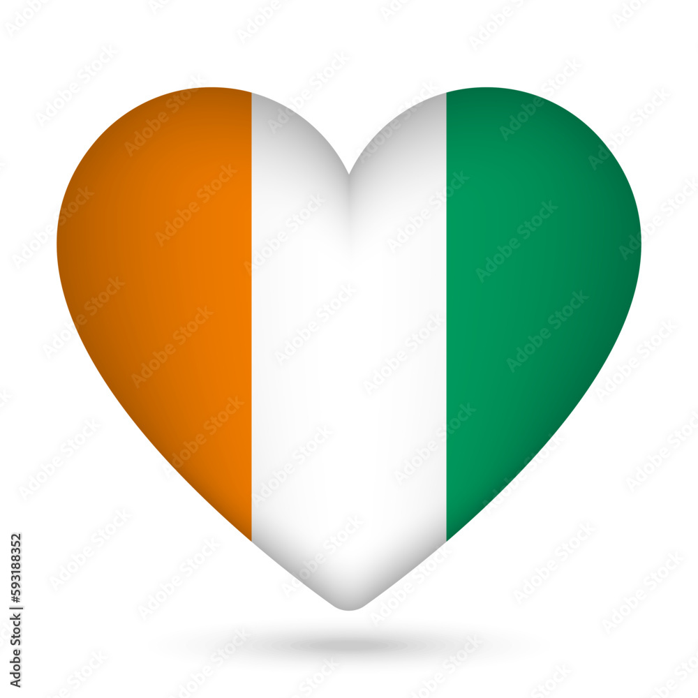 Ivory coast flag in heart shape. Vector illustration.