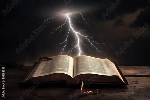 bolt of lightning striking a book , storm ,tornado , thunderstorm. ai generative