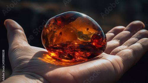 hand holding Amber gemstone