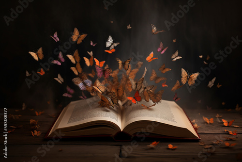 open book with butterflies coming out of it, surreal style. ai generative
