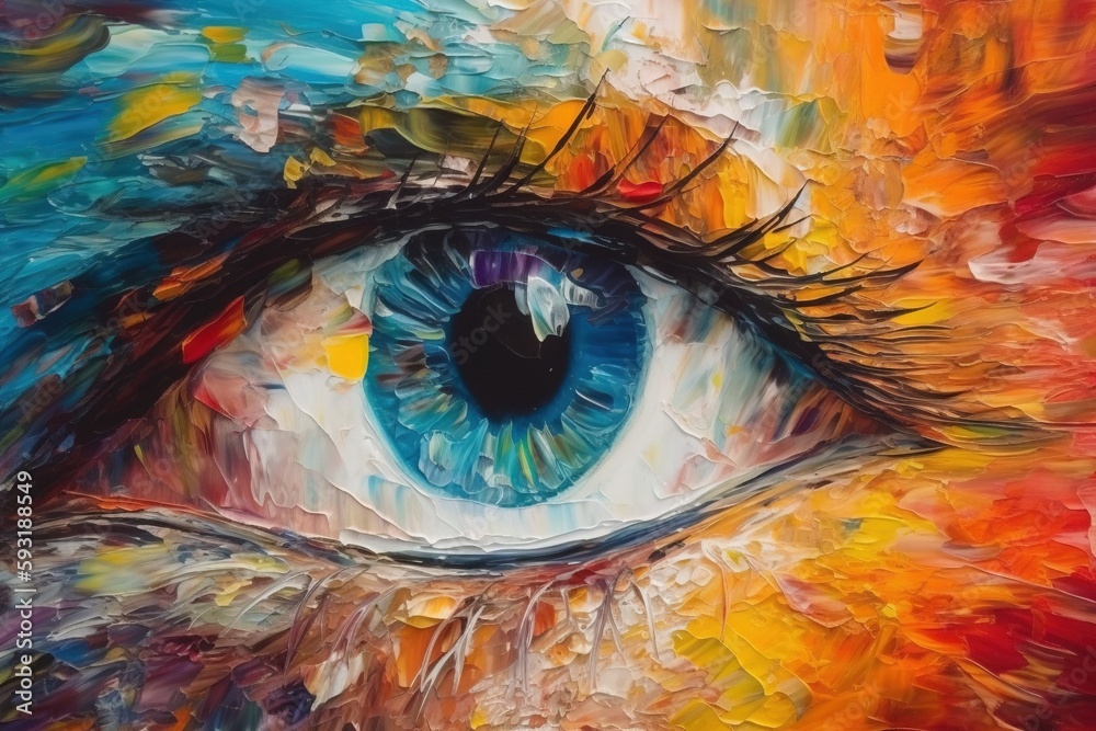  a painting of an eye with colorful paint on it's face.  generative ai