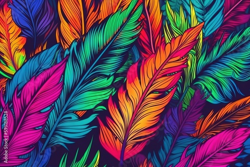  a colorful background with many different colored feathers on a black background. generative ai