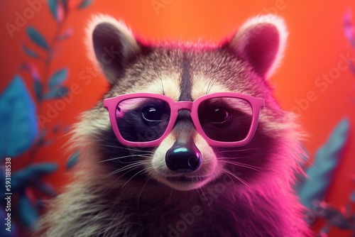  a raccoon wearing pink glasses and a red background.  generative ai © Nadia