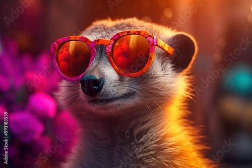 a raccoon wearing red sunglasses and a pink flower. generative ai