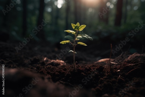  a small plant growing out of the ground in a forest. generative ai