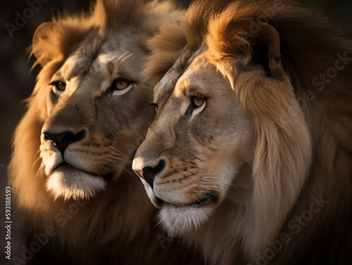 The Majesty of the King of the Jungle: A Pair of Lions in Romantic Embrace, Shot in Beautiful Evening Light © Anton