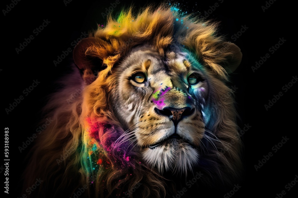  a lion with a multicolored mane and blue eyes.  generative ai