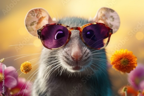  a mouse with sunglasses on its face and flowers around it. generative ai