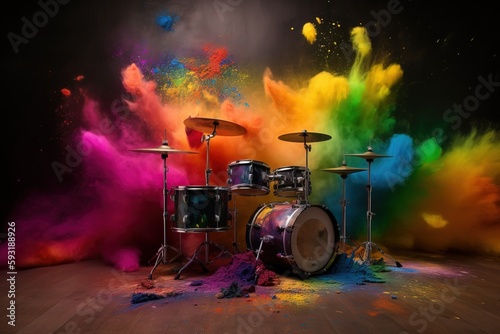  a drum set with a lot of colored powder on the floor.  generative ai