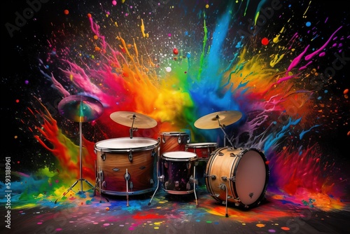  a drum set with colorful paint splattered all over it. generative ai