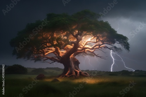  a tree with lightning in the background and a dark sky. generative ai