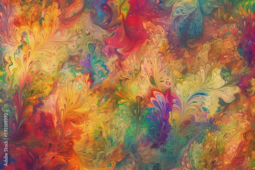  a colorful painting of flowers and leaves on a white background.  generative ai