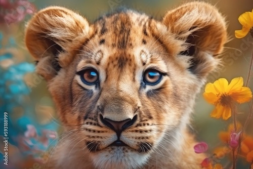  a close up of a lion cub with flowers in the background.  generative ai