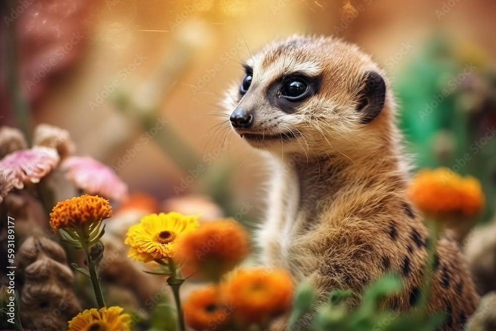 a baby meerkat standing in a field of flowers. generative ai a baby meerkat standing in a field of flowers. generative ai