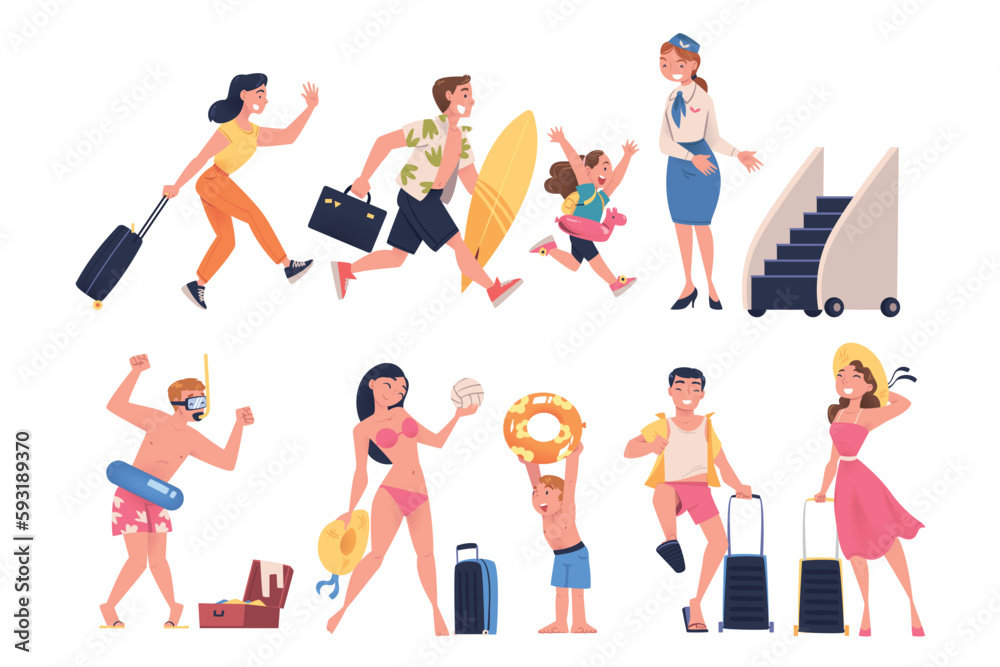 Happy people with suitcases hurrying to flight at airport set. Rushing tourist going on summer vacation cartoon vector illustration