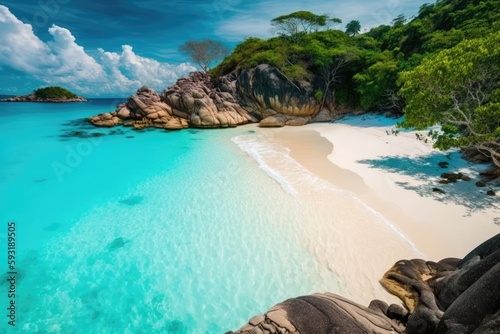 Beautiful white sand and turquoise water on a warm day. a natural beach. Concept of travel and nature. Generative AI