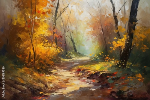  a painting of a path through a forest with yellow leaves.  generative ai